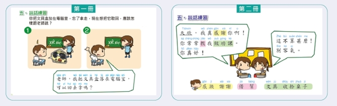 圖上：教材根據學生日常生活經驗設計說話練習，讓他們從小掌握規範的語言