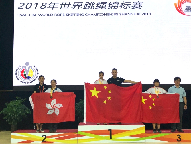 圖上：李心怡在 3 分鐘單車步比賽中得到亞軍(左一)