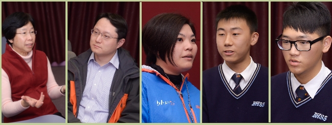 (左起)：鄺秀芝校長、金偉明老師、沈鳳宇老師、林同學及鄺同學